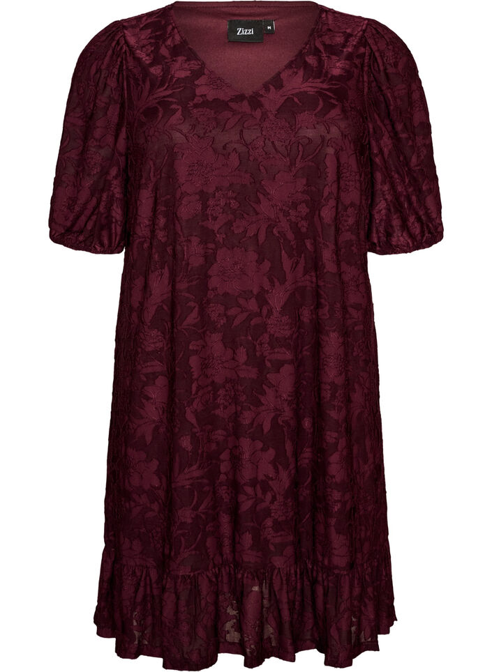 Kleid mit floraler Struktur und R&uuml;schensaum, Rot, Packshot image number 0
