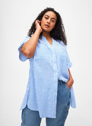 Gestreiftes Hemd mit Brusttaschen, Light Blue Stripe , Model image number 0