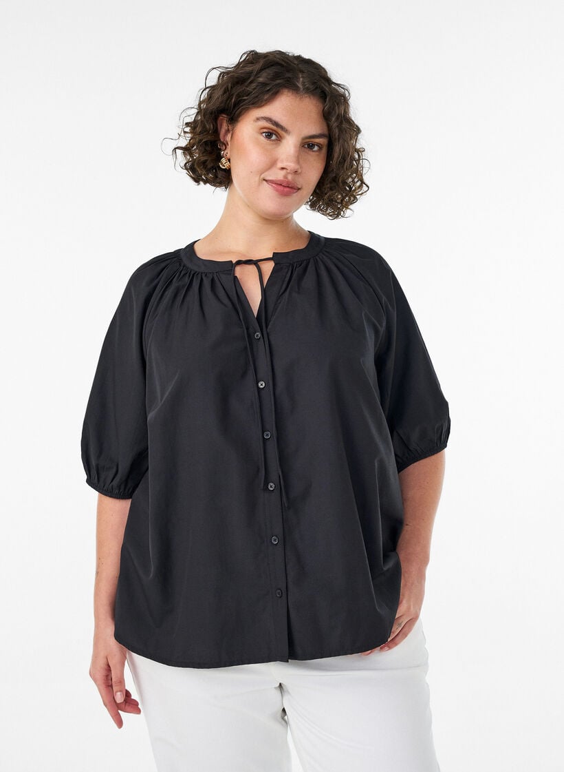 Hemdbluse mit Knopfleiste und Bindeg&uuml;rtel, Schwarz, Model image number 0