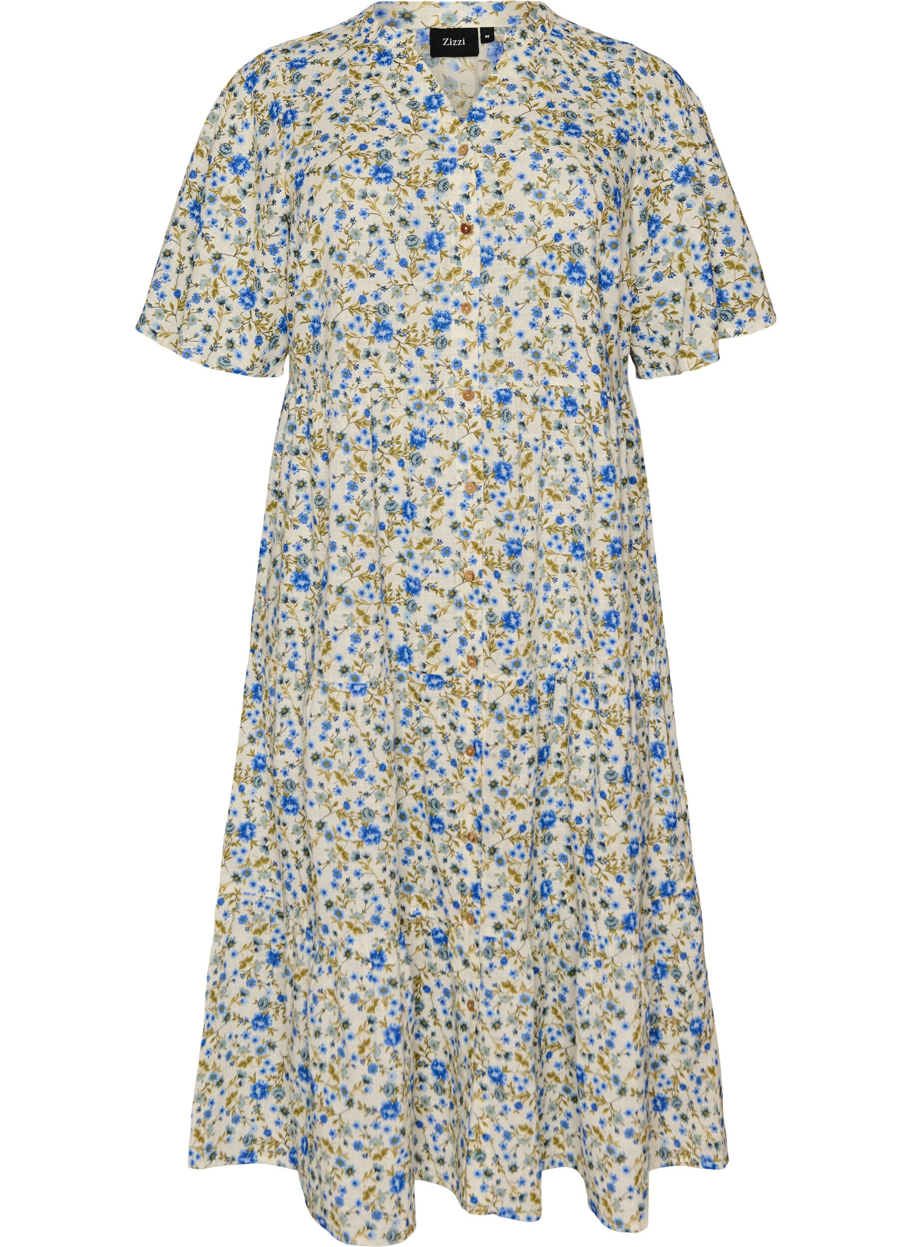 ZizziBaumwoll-Midikleid mit Blumenprint, Blau, Packshot image number 0