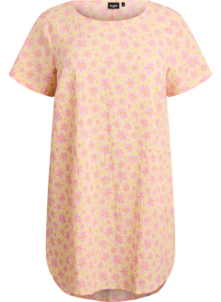 Kurzes Kleid mit gecrinkelter Textur und kurzen &Auml;rmeln, Gelb, Packshot image number 0