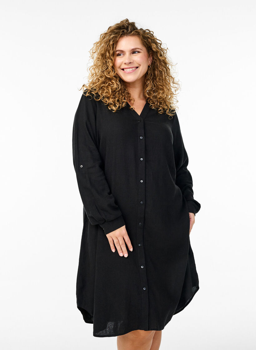 Lange Bluse aus Leinen und Viskose, Schwarz, Model image number 0