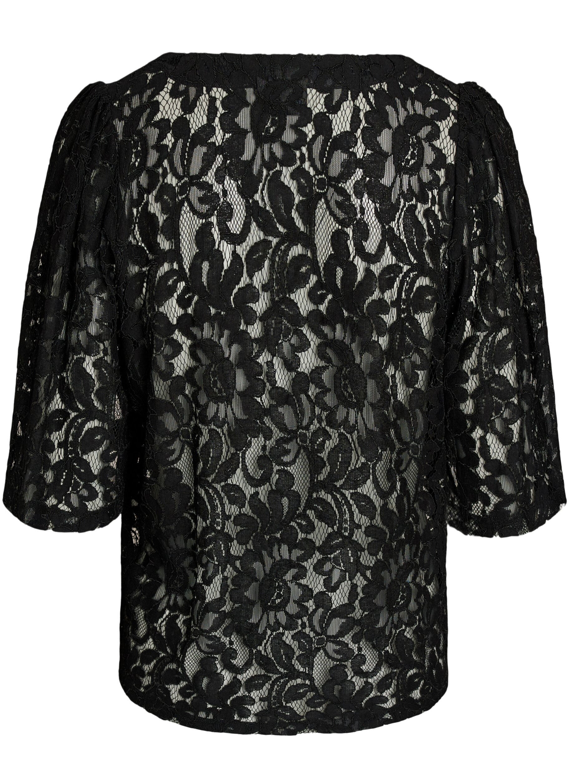 ZizziKurz&auml;rmelige Spitzenbluse mit V-Ausschnitt, Schwarz, Packshot image number 1