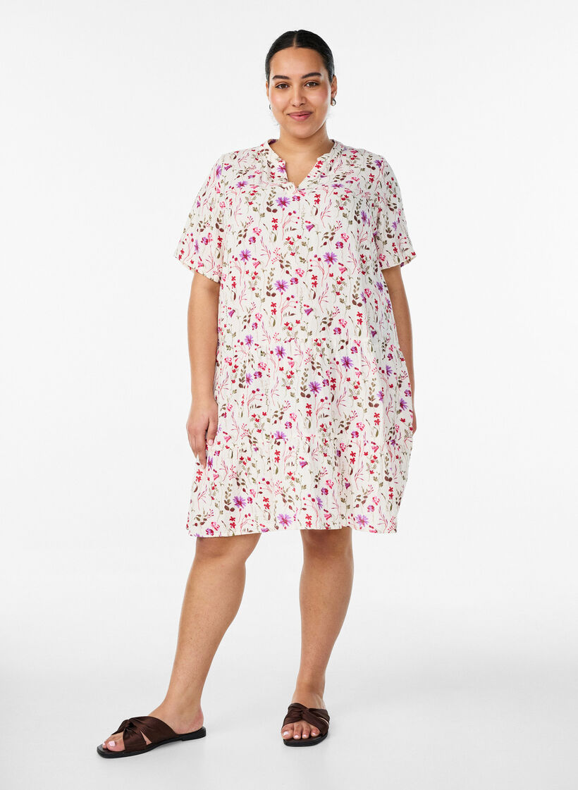 Kurzes A-Linien-Kleid aus Baumwollmusselin, Beige, Model image number 1