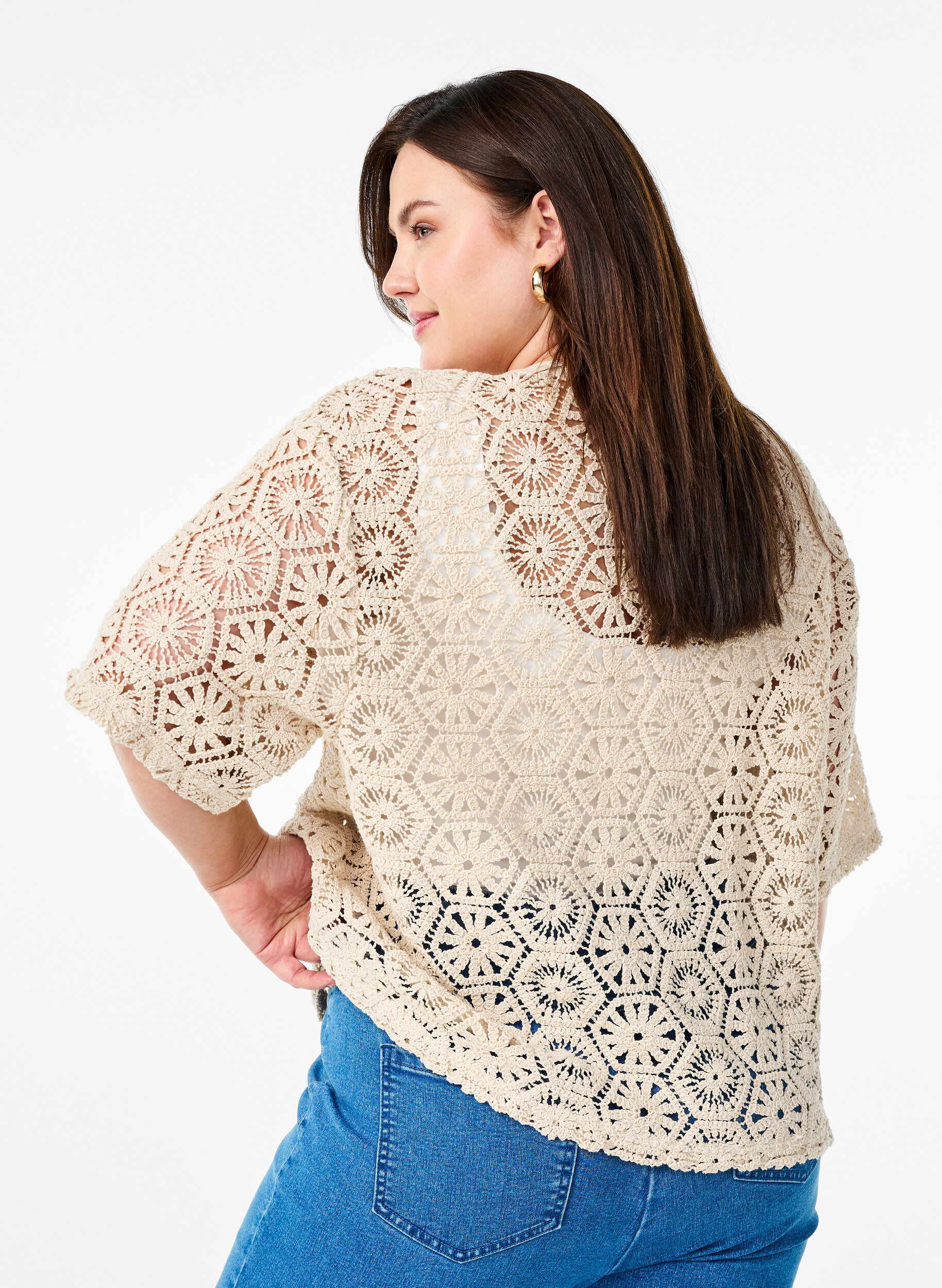 ZizziH&auml;kel Cardigan mit kurzen &Auml;rmeln, Beige, Model image number 2