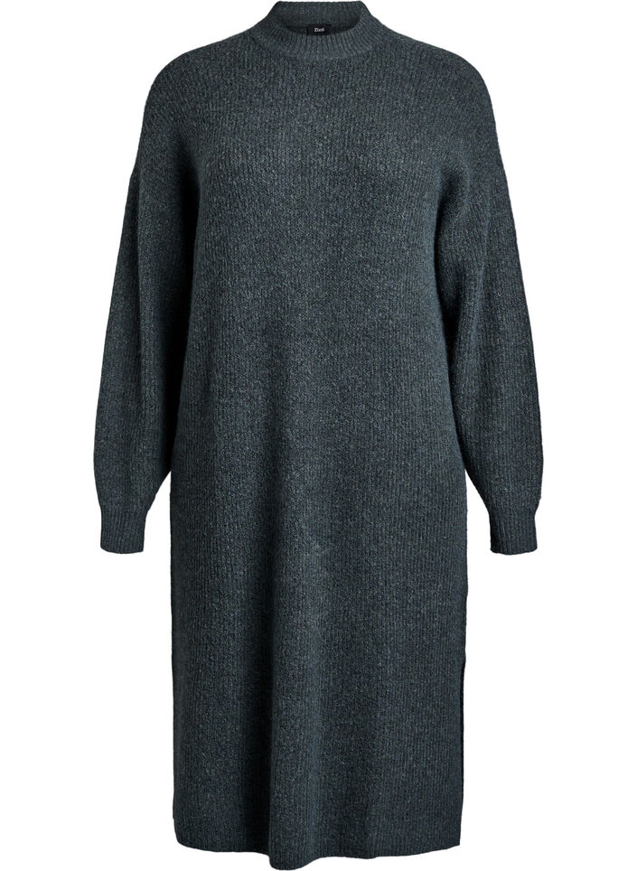 Langes Strickkleid mit hohem Kragen, Grün, Packshot image number 0