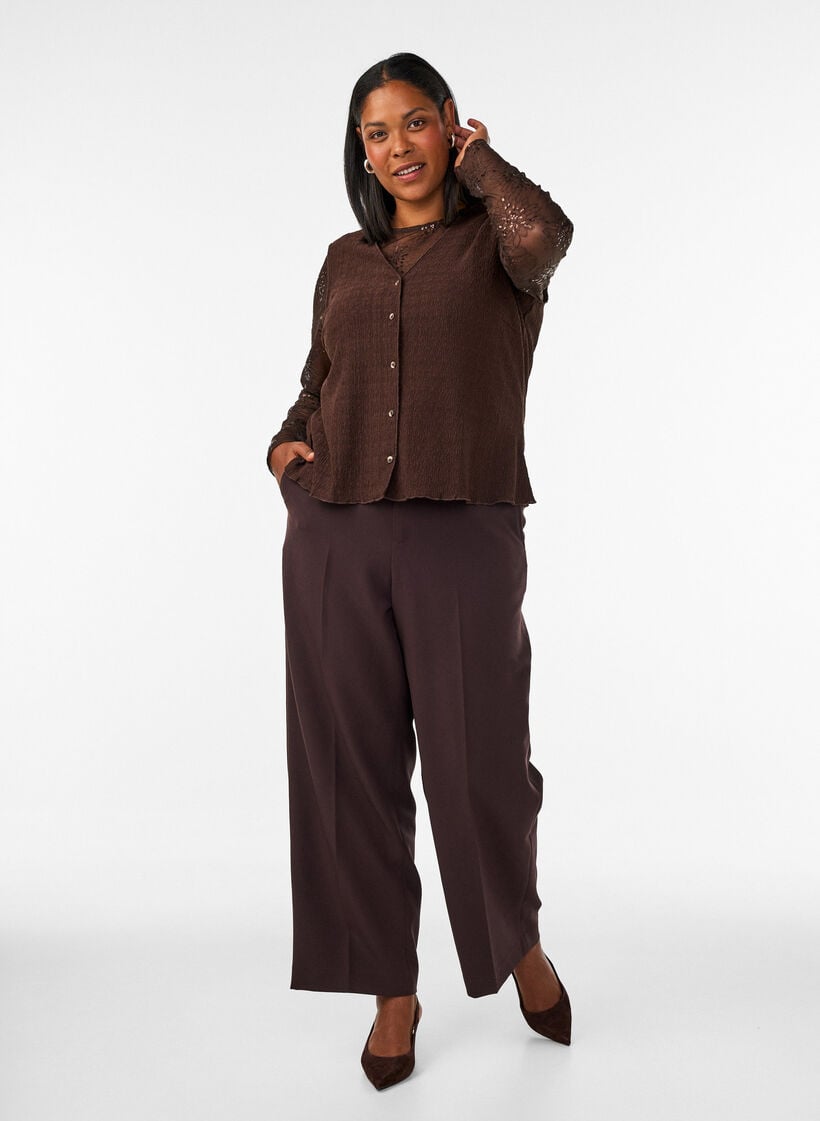 Weite Anzughose mit hoher Taille, Braun, Model image number 0