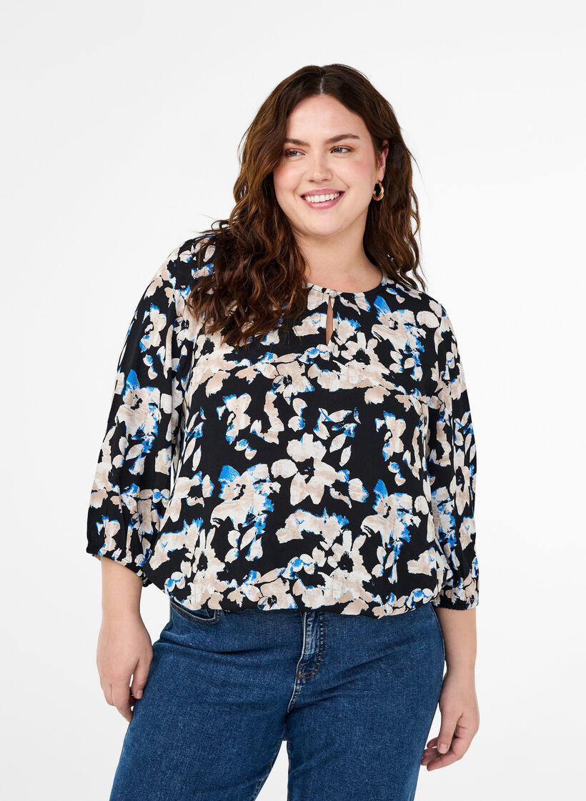  Viskosebluse mit Print und Kittel, Schwarz, Model image number 0