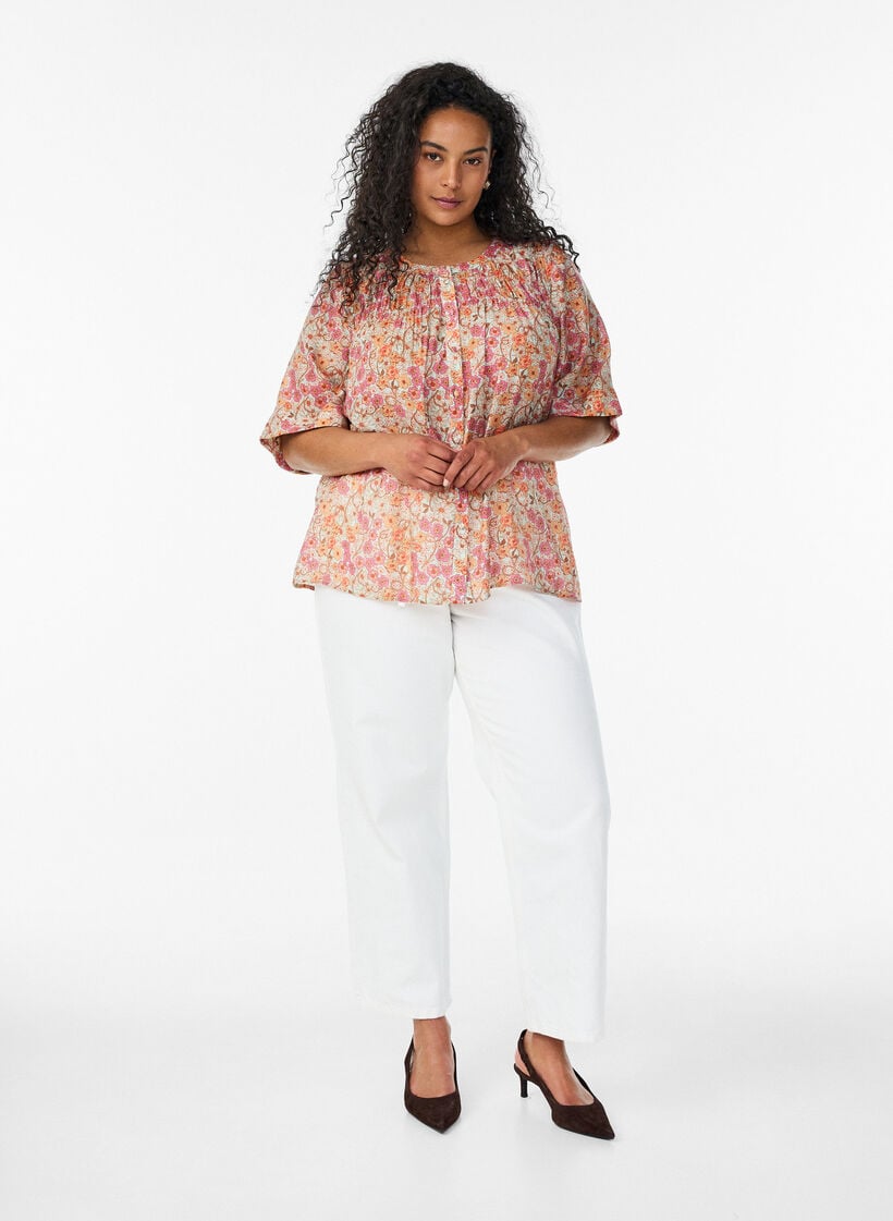 Gebl&uuml;mte Bluse aus Viskose, Orange, Model image number 1