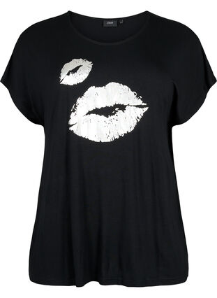 Kurzärmeliges Viskose-T-Shirt mit Druck, Black W. Lips, Packshot image number 0
