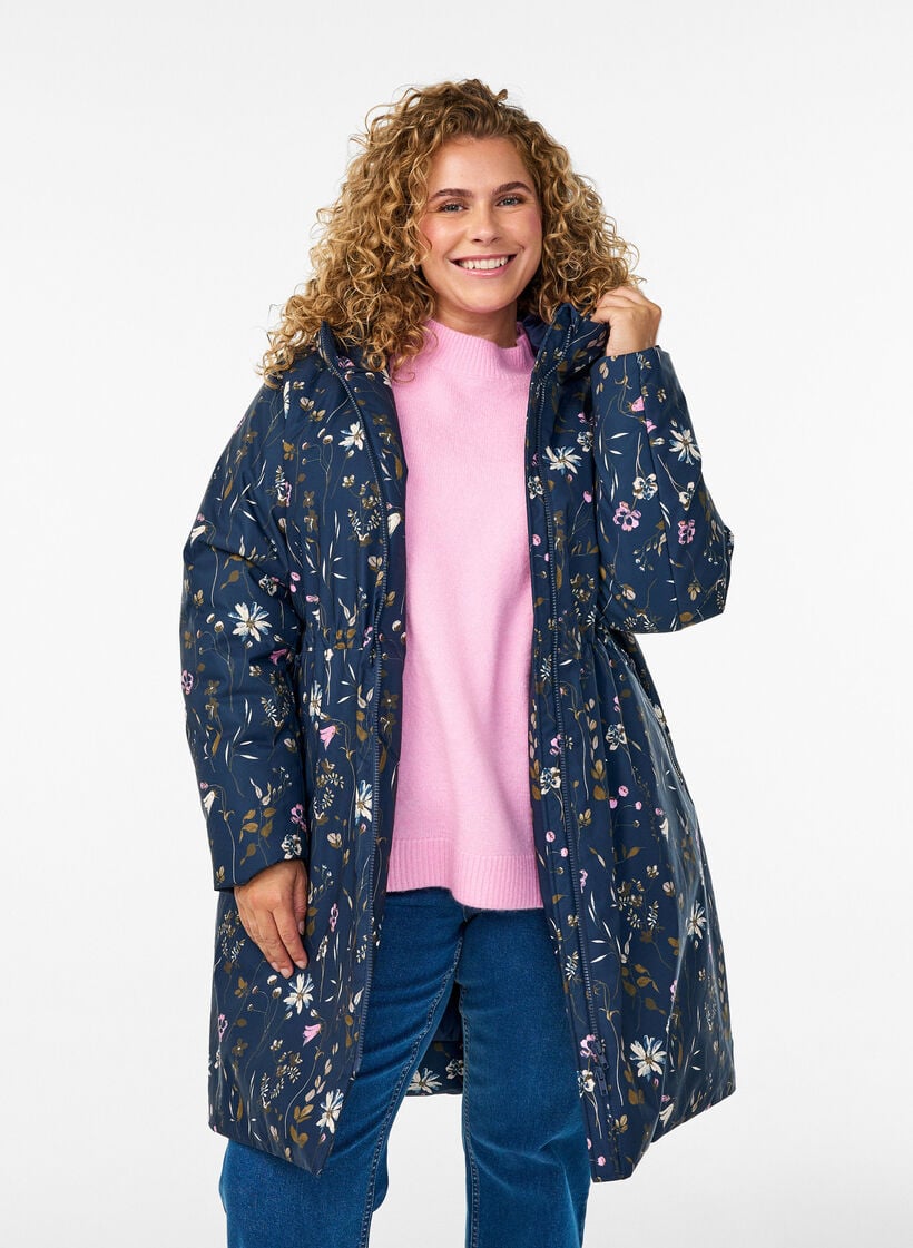 Gepolsterte Winterjacke mit Blumenprint, Blau, Model image number 3