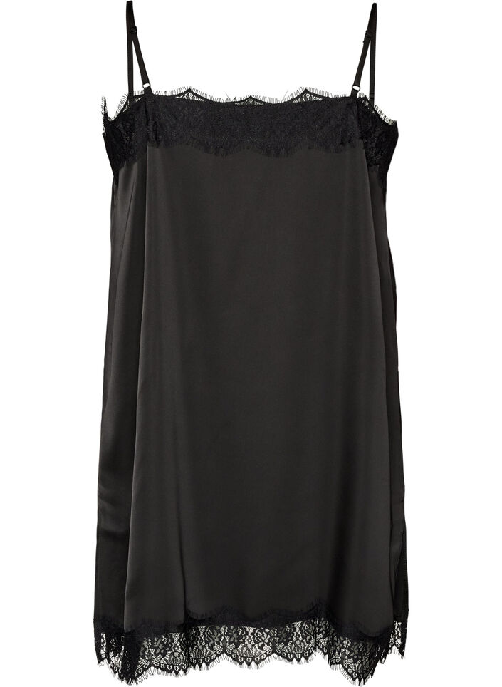 Langes Top aus Satin mit Spitzen, Schwarz, Packshot image number 1