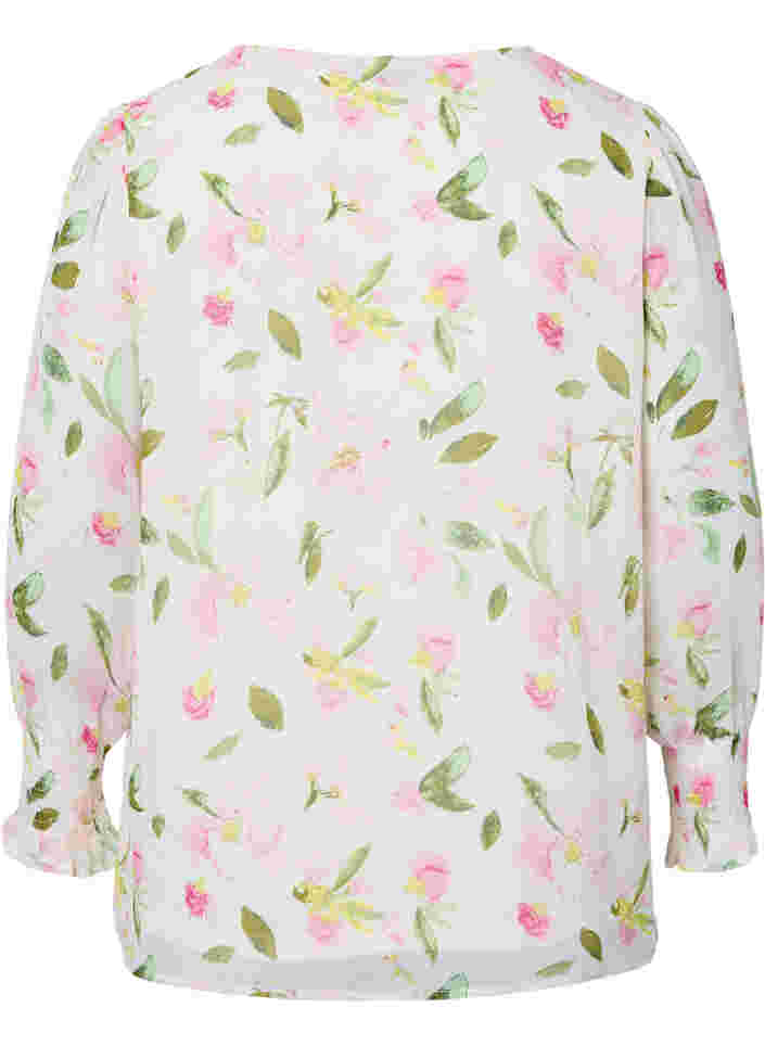 Geblümte Bluse mit langen Ärmeln und V-Ausschnitt, White/Pink Flower, Packshot image number 1