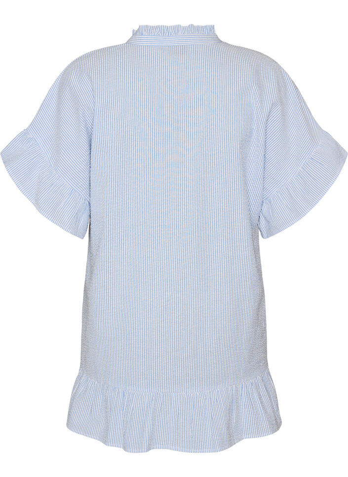 Tunika aus Baumwolle mit Streifen und R&uuml;schendetails, Blau, Packshot image number 1