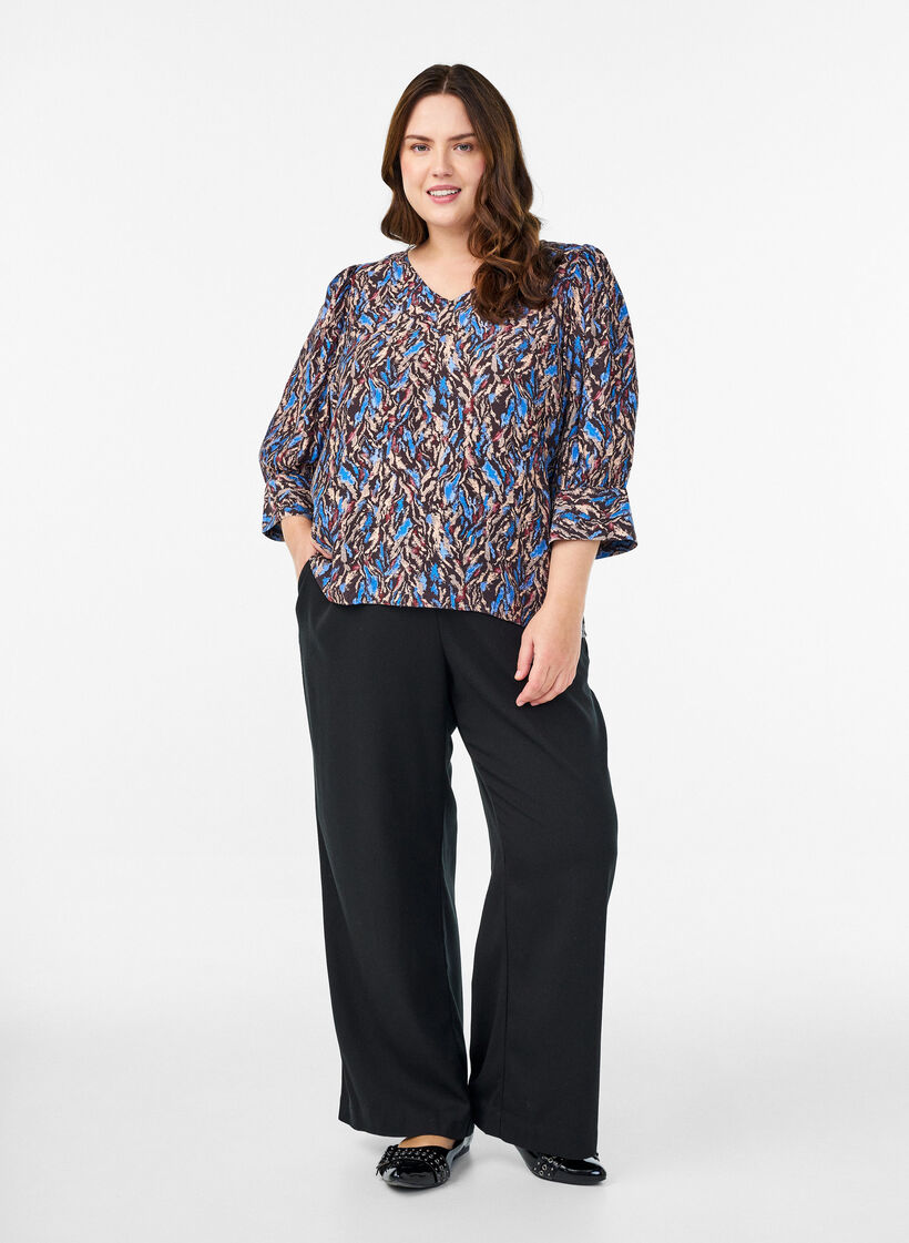 Bluse mit V-Ausschnitt und 3/4-Ärmeln, Blau, Model image number 1