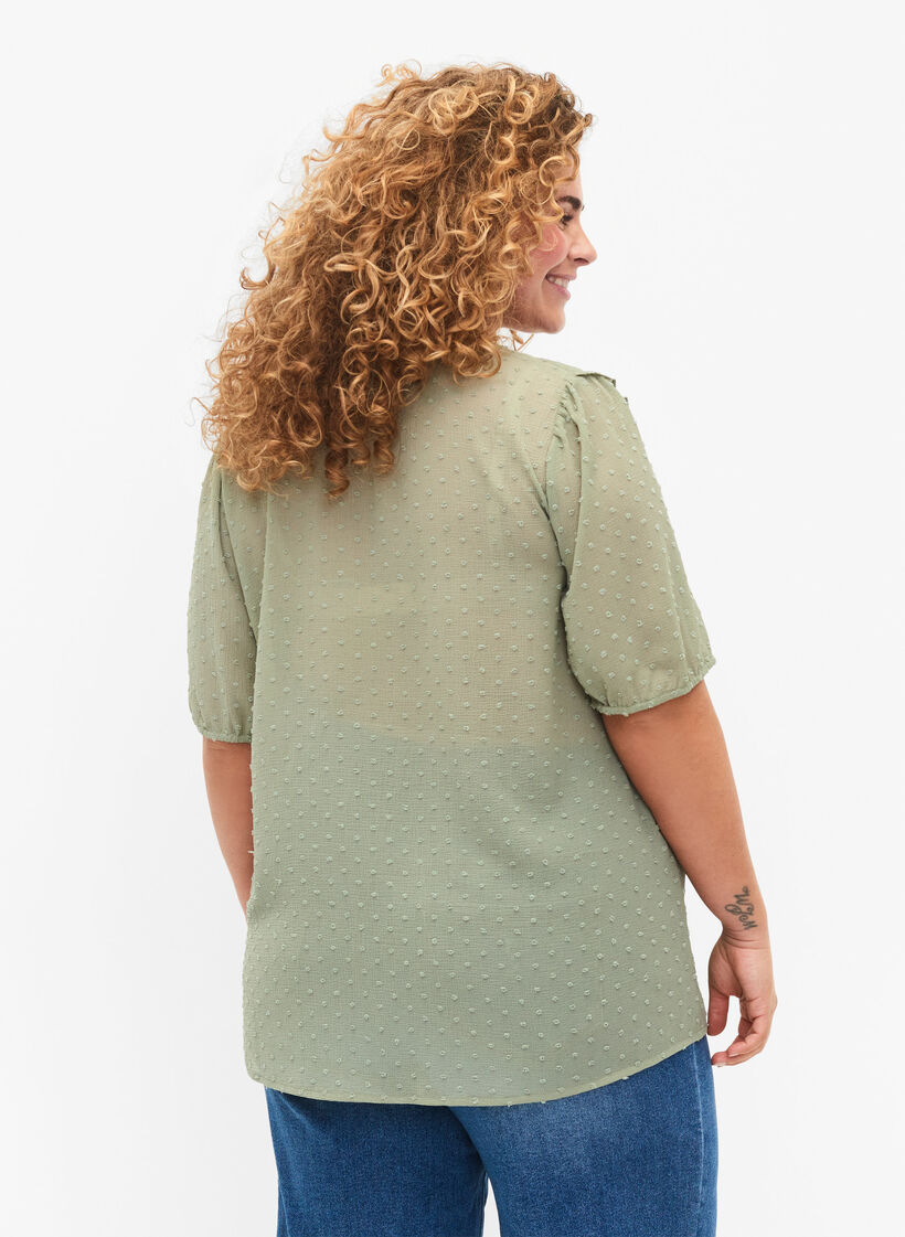 Bluse mit kurzen Ärmeln und gepunkteter Struktur, Seagrass , Model image number 1