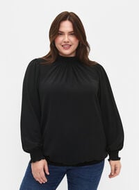 Einfarbige gesmokte Bluse mit langen Ärmeln, Black, Model