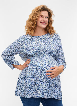 Schwangerschaftsbluse aus Viskose mit Print, Blue Flower AOP, Model image number 0