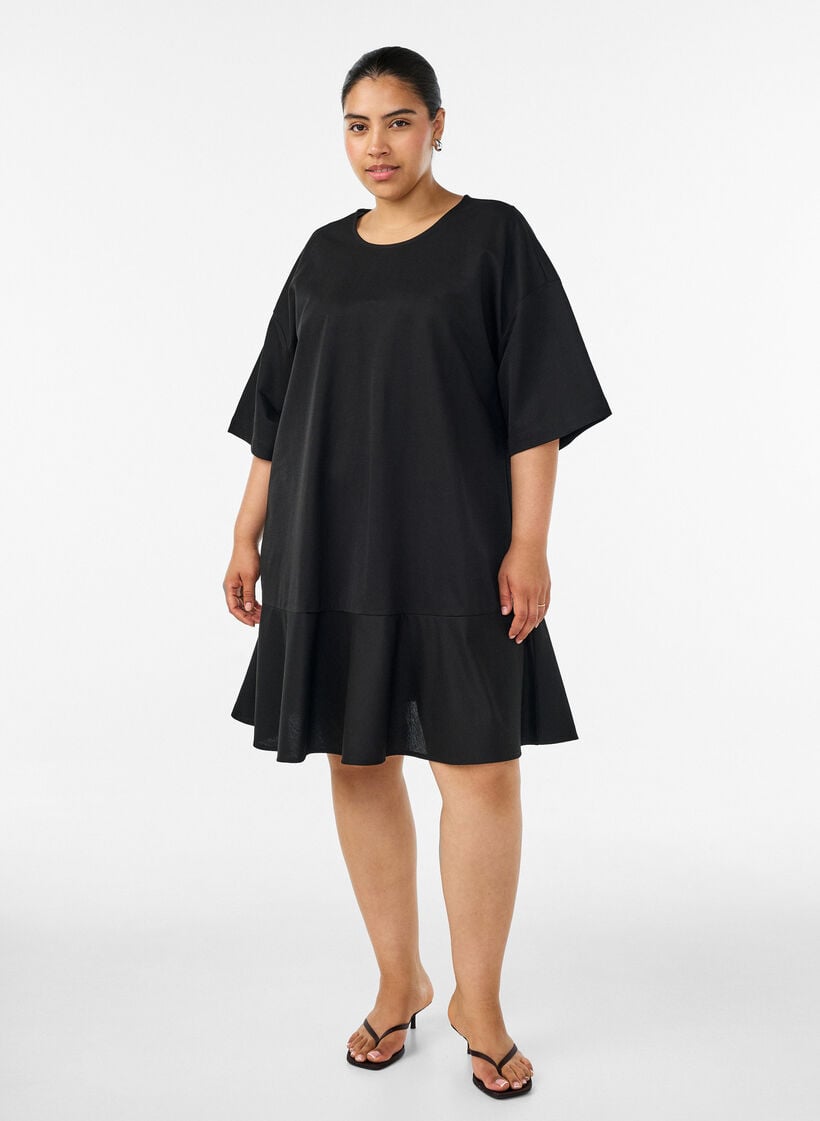 Kurzes Kleid mit lockerer Passform und R&uuml;schensaum, Schwarz, Model image number 1