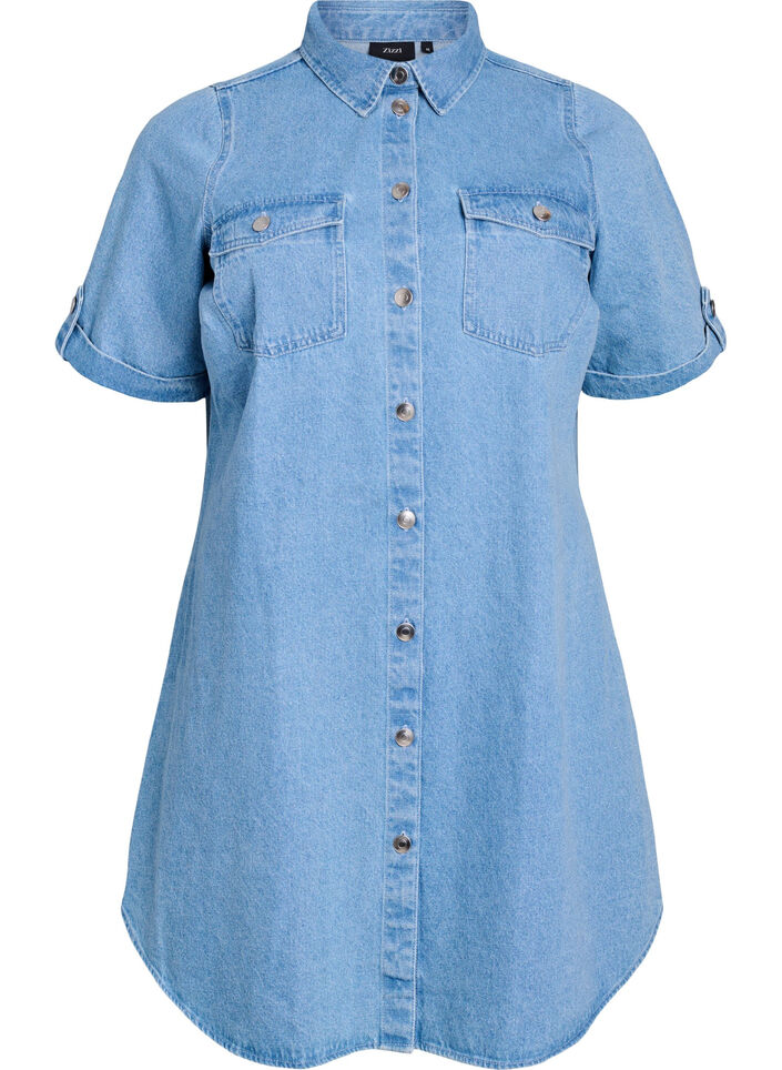 Denimkleid mit kurzen &Auml;rmeln und Kn&ouml;pfen, Blau, Packshot image number 0