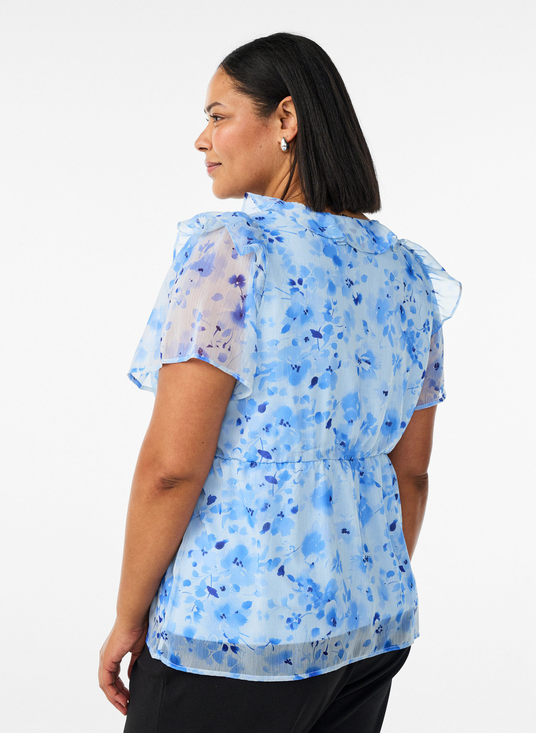 ZizziGebl&uuml;mte Bluse mit R&uuml;schenkragen und Peplum-Effekt, Blau, Model image number 2