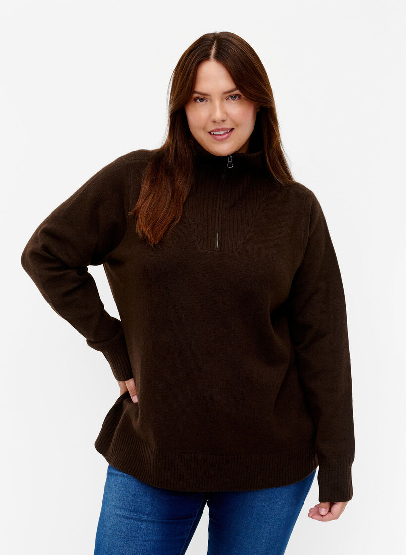 Strickpullover mit Reißverschluss, Demitasse/Black Mel., Model image number 0