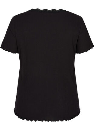 Kurzarm T-Shirt aus Ripp mit Spitze, Black, Packshot image number 1