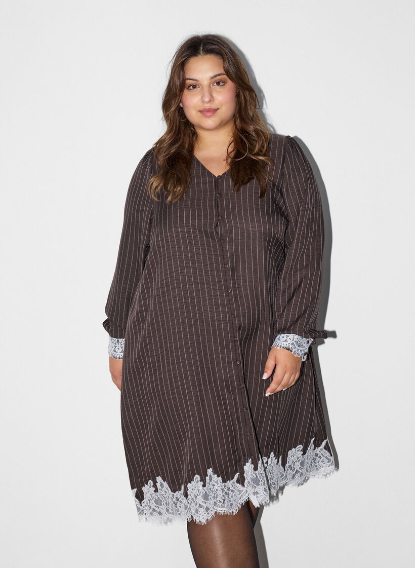 Knielanges Kleid mit Nadelstreifen und Spitzenbesatz, Braun, Model image number 0