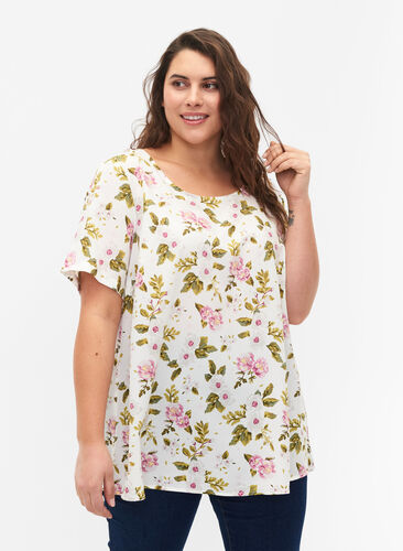 FLASH - Bluse mit kurzen Ärmeln und Print, Off White Flower, Model image number 0