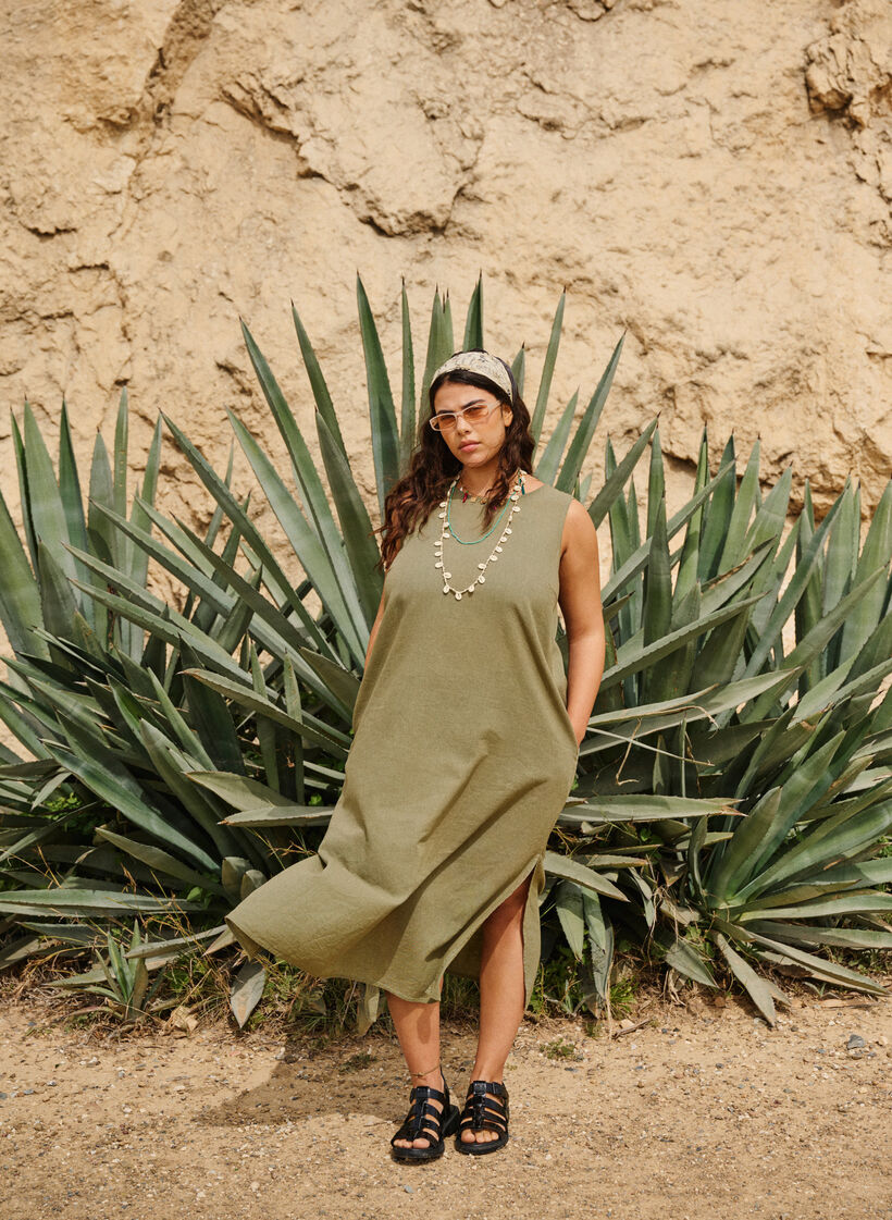 Ärmelloses Kleid aus Baumwollmischung mit Leinen, Deep Lichen Green, Image image number 0