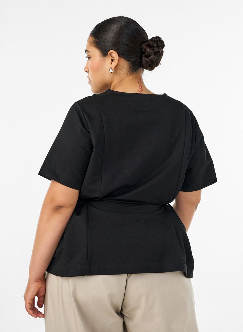 Bluse aus einer Baumwollmischung mit V-Ausschnitt und Bindeband, Schwarz, Model image number 2