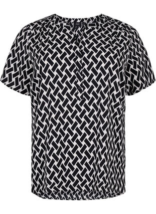 Bluse mit kurzen Ärmeln und V-Ausschnitt , Black Graphic AOP, Packshot image number 0