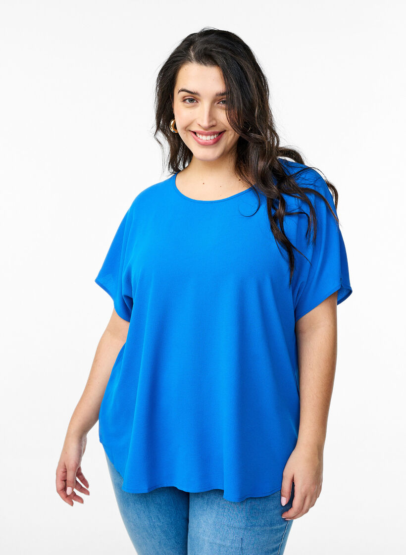 Bluse mit kurzen &Auml;rmeln und Rundhalsausschnitt, Blau, Model image number 0