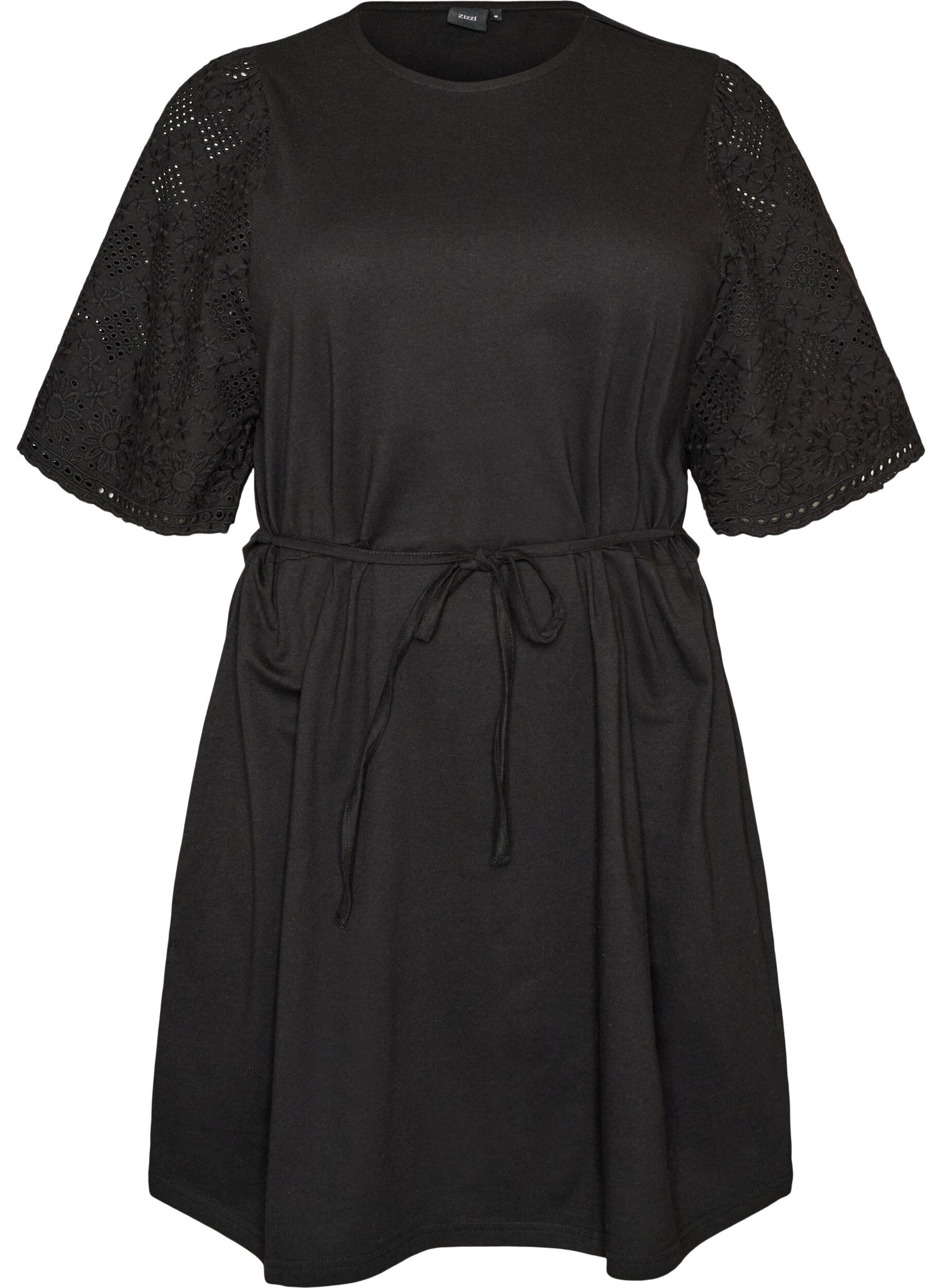 ZizziBaumwollkleid mit Broderie-Anglaise-&Auml;rmeln und Bindeg&uuml;rtel, Schwarz, Packshot image number 0