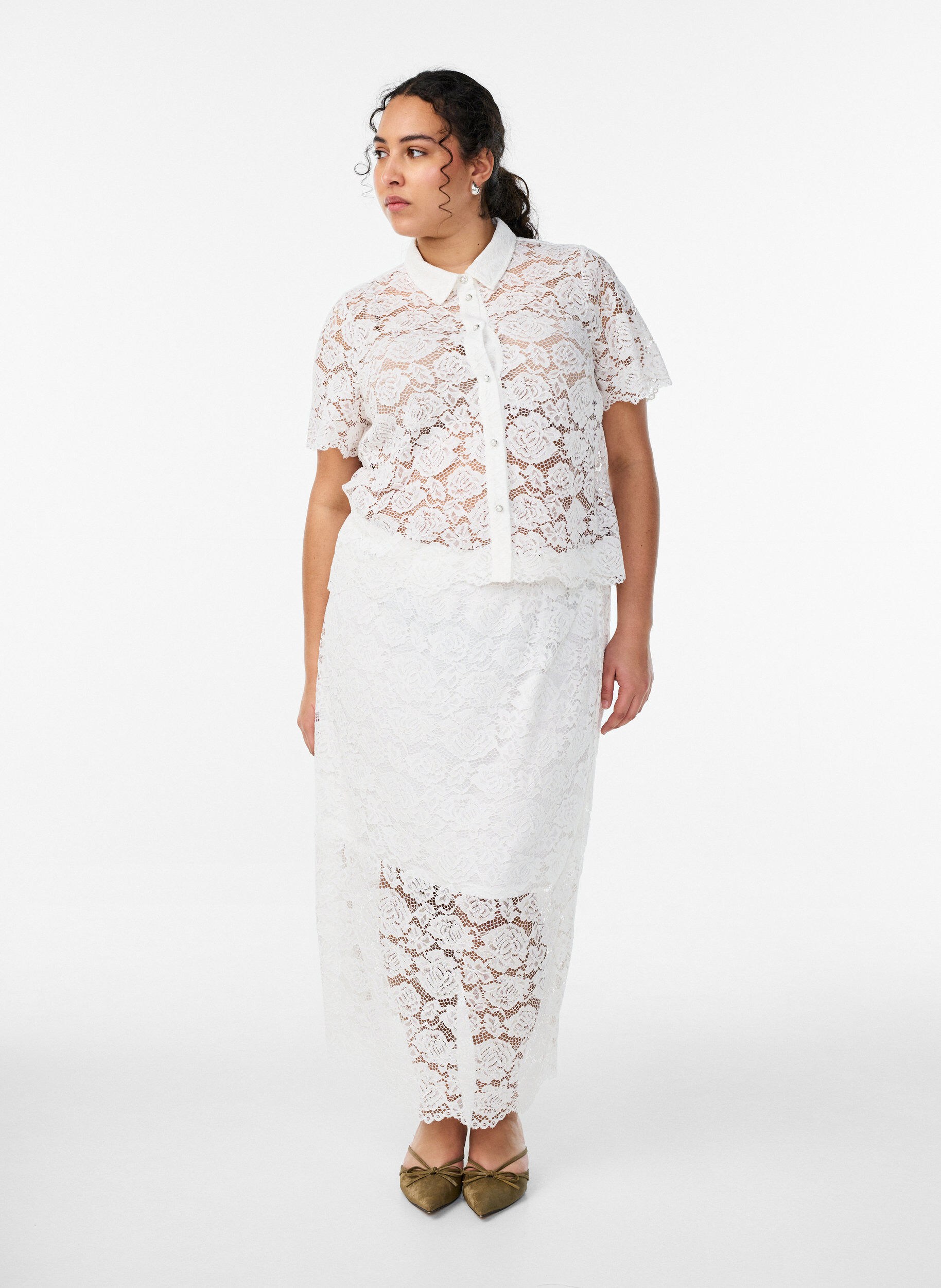 ZizziMidi-Spitzenrock mit elastischem Bund, Wei&szlig;, Model image number 1