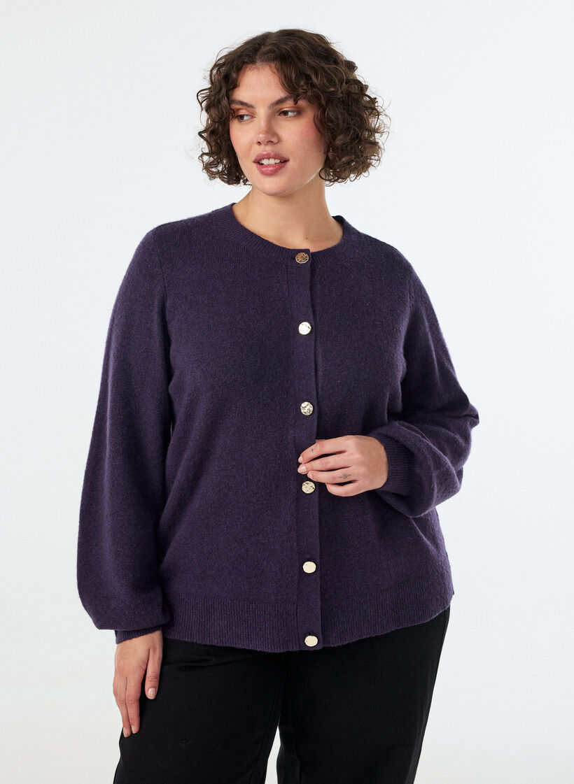 Strickjacke aus weichem Strick mit goldfarbenen Kn&ouml;pfen, Lila, Model image number 0