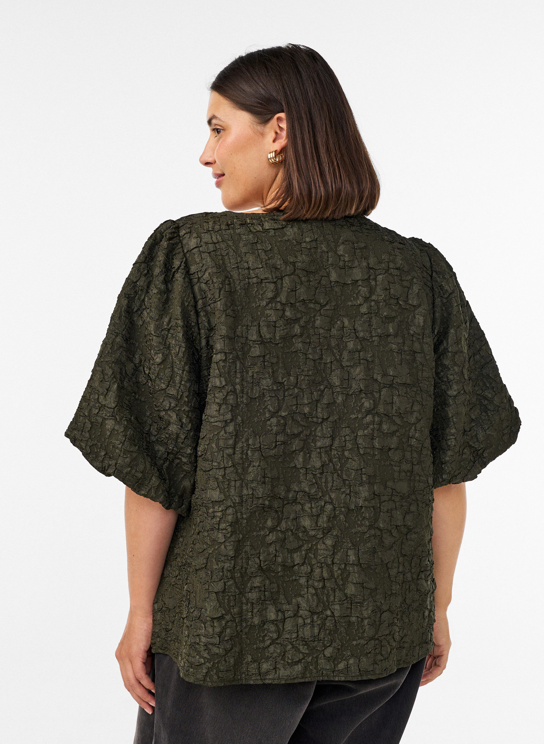 ZizziJacquardbluse mit Puff&auml;rmeln und A-Linien-Form, Gr&uuml;n, Model image number 2