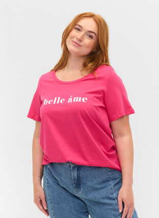 Kurzärmeliges Baumwoll-T-Shirt mit Textdruck, Fandango Pink, Model image number 0