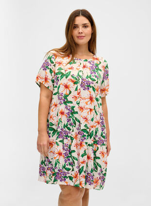 Kurzarm-Kleid aus Viskose mit A-Linie, Tropic AOP, Model image number 0