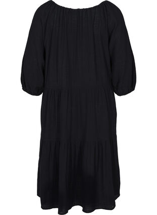 Baumwoll-Kleid mit 3/4 Ärmeln und Binde-Detail, Black, Packshot image number 1