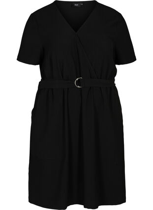 Kurzarm Kleid mit V-Ausschnitt, Black, Packshot image number 0