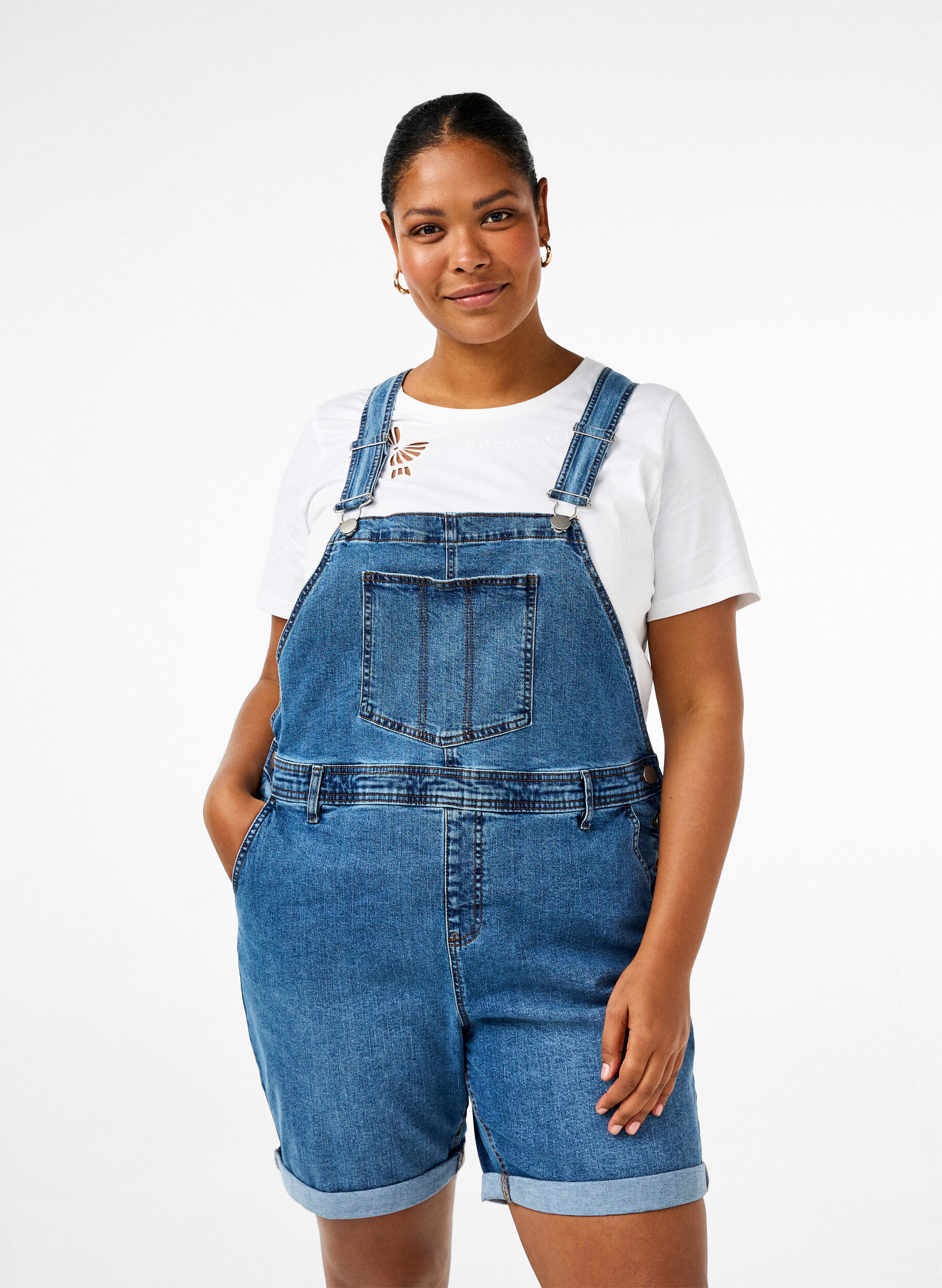 Denim Overalls Kurze Hosen, Blau, Model