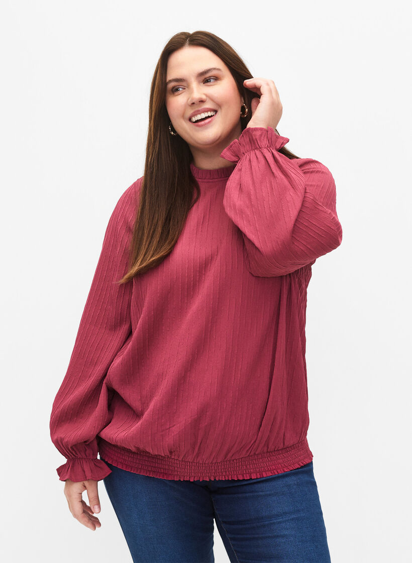 Gesmokte Bluse mit R&uuml;schen und Struktur, Dry Rose, Model image number 0