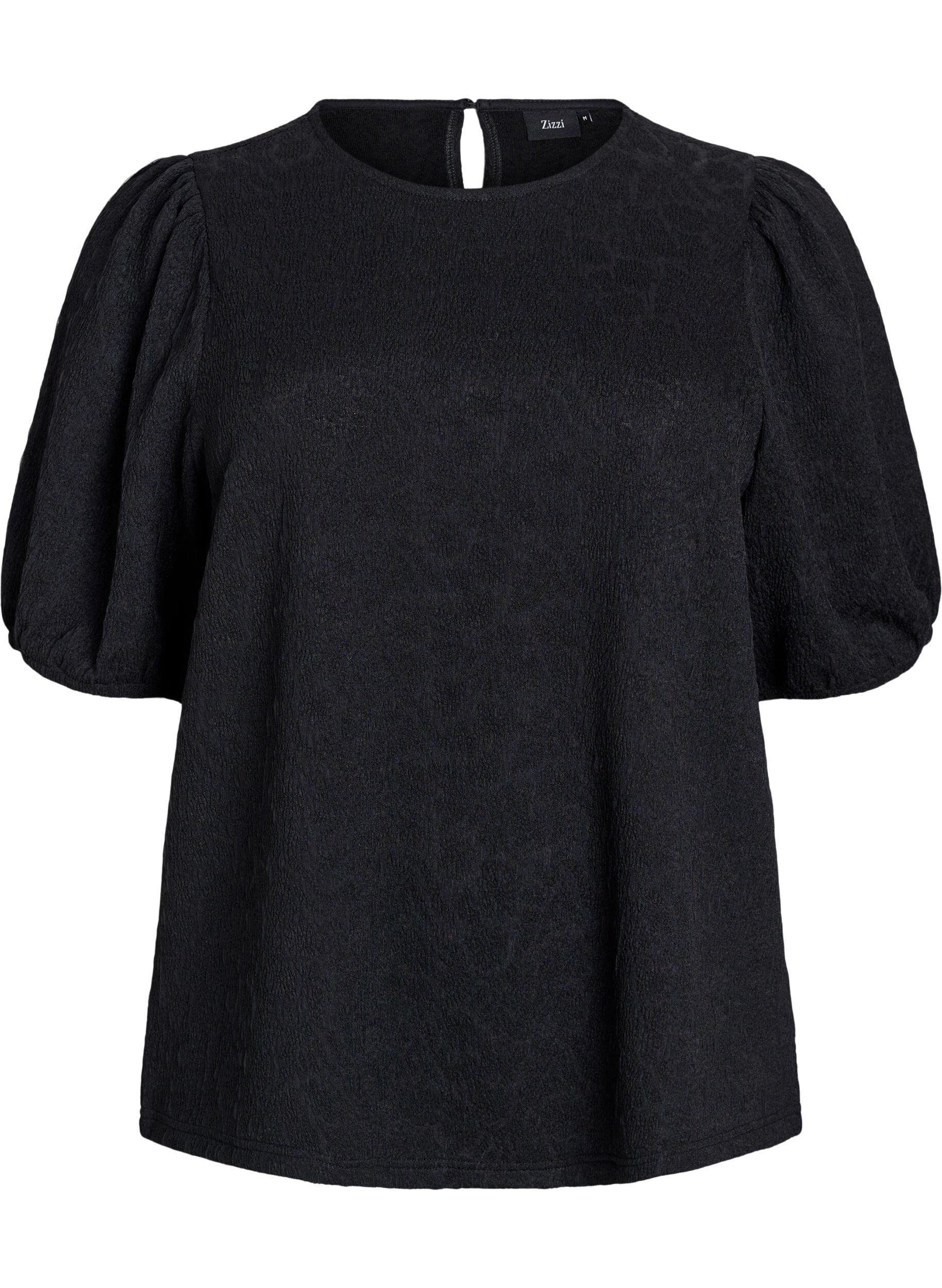 ZizziStrukturierte Bluse mit kurzen &Auml;rmeln, Schwarz, Packshot image number 0
