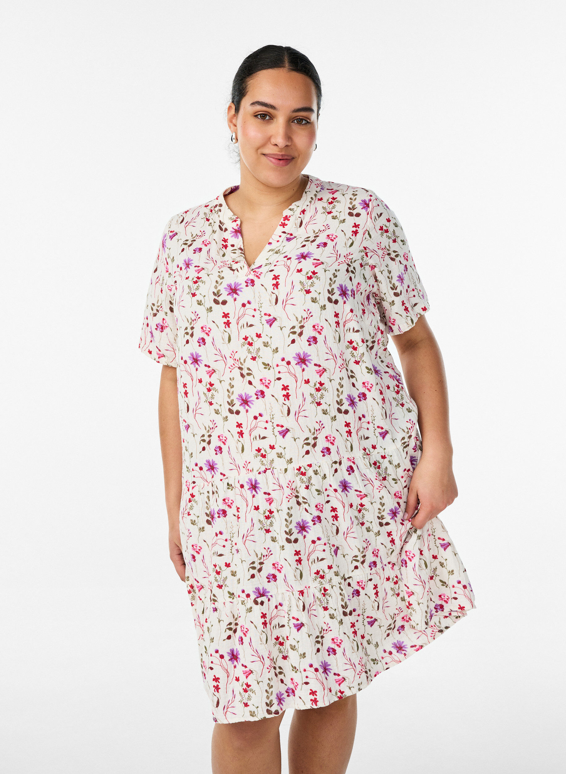 ZizziKurzes A-Linien-Kleid aus Baumwollmusselin, Beige, Model image number 0