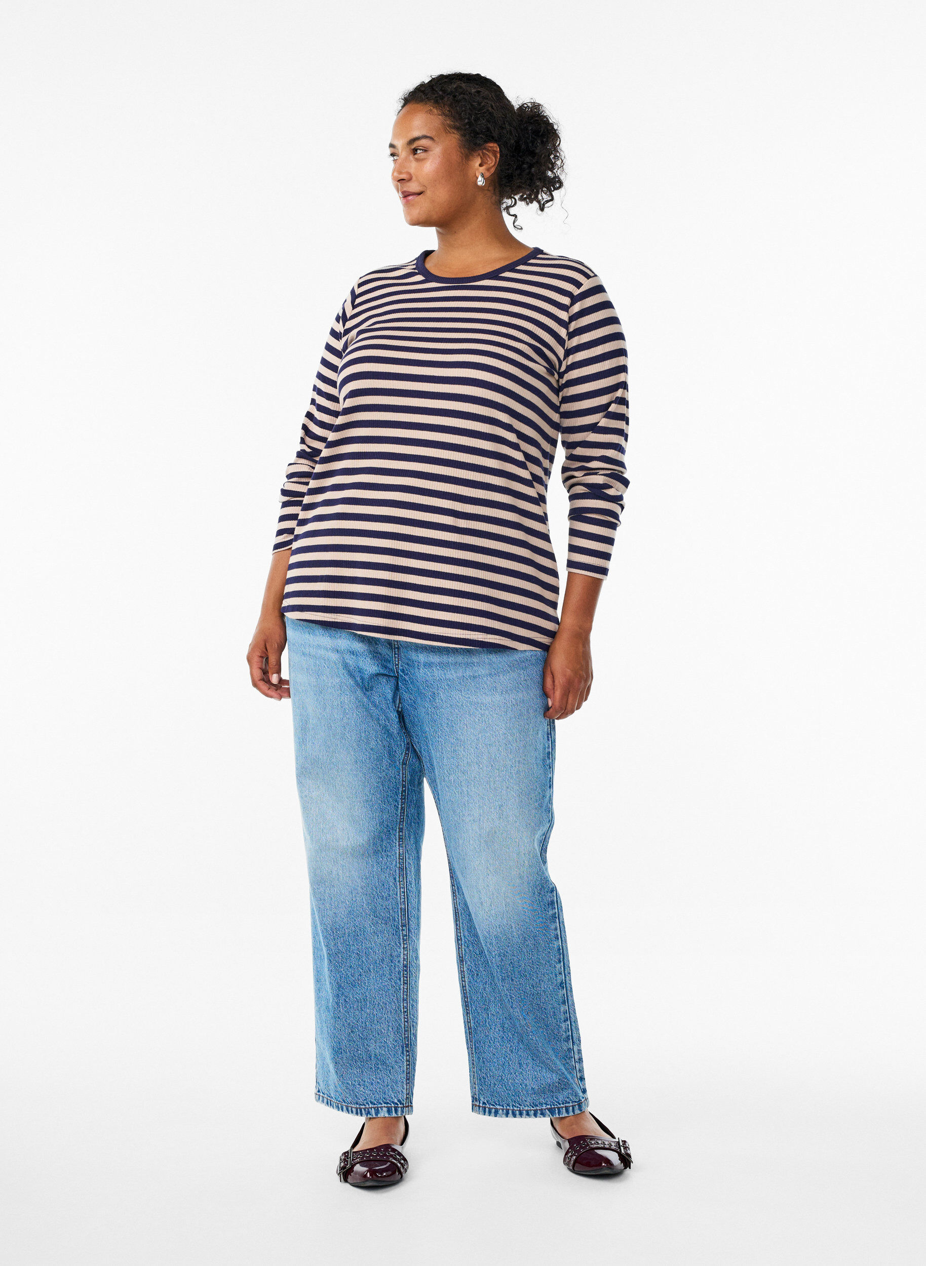 ZizziGestreifte Bluse mit langen &Auml;rmeln, Beige, Model image number 1