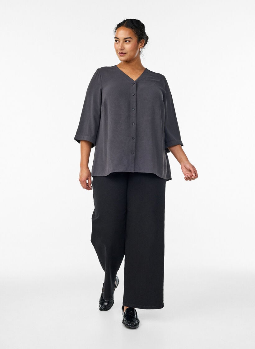 Bluse mit V-Ausschnitt und 3/4-&Auml;rmeln, Grau, Model image number 1