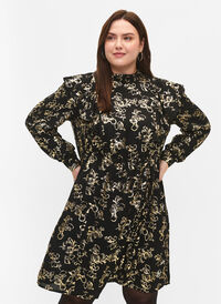Langärmeliges Kleid mit Rüschen und Foliendruck, Black Foil AOP, Model