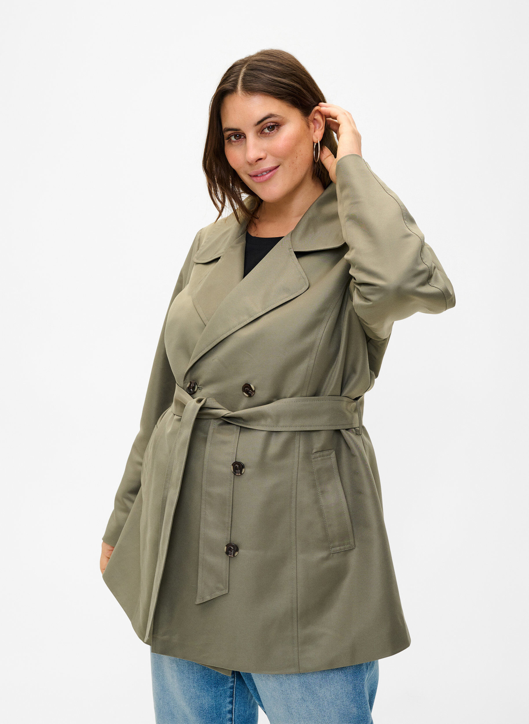 Kurzer Trenchcoat mit G&uuml;rtel, Gr&uuml;n, Model