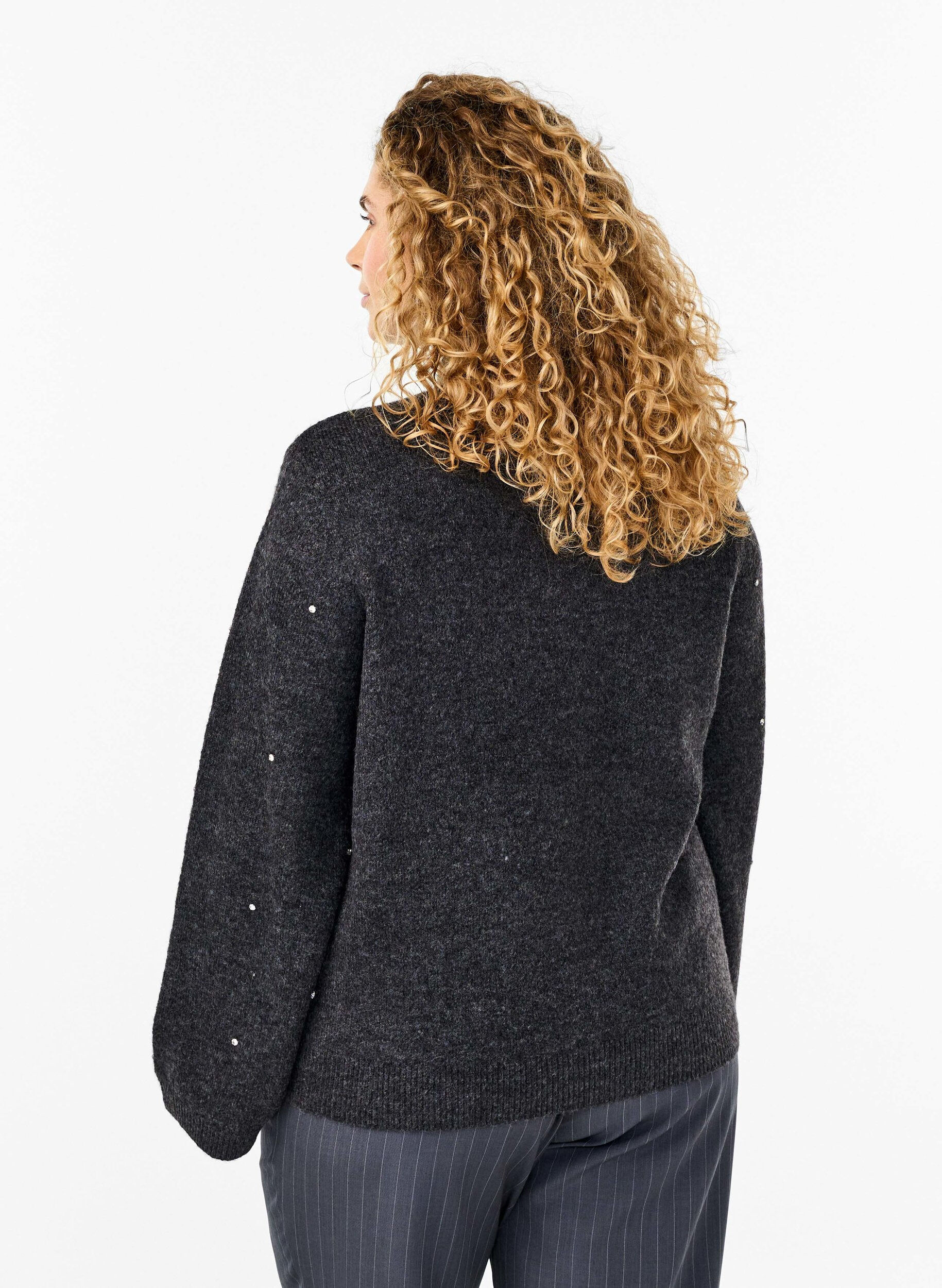 Zizzi Strickbluse mit Strass und hohem Ausschnitt, Dark Grey Melange, Model image number 1